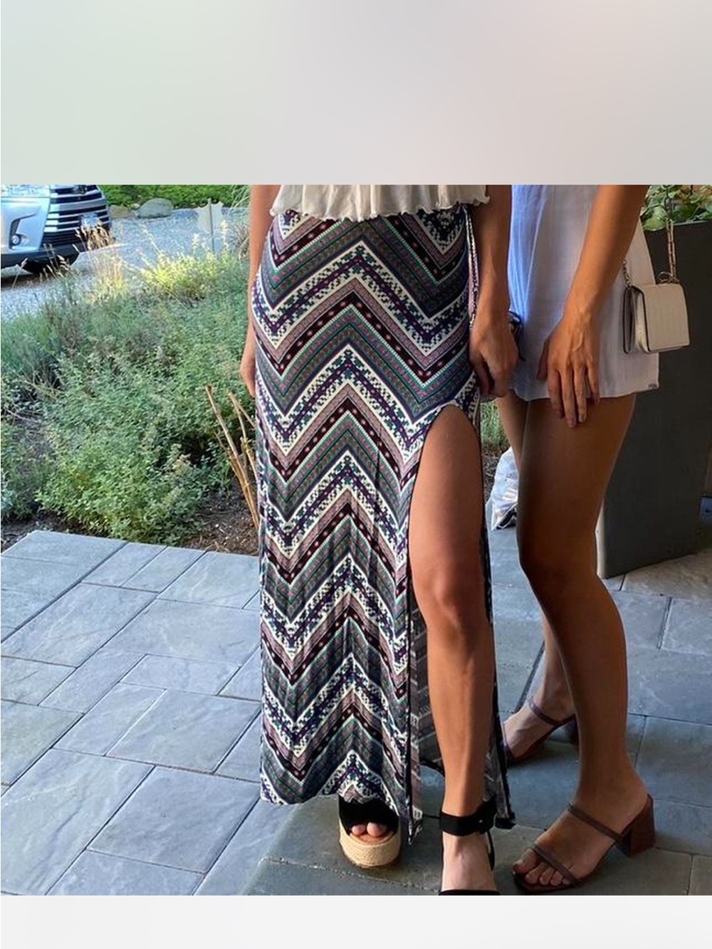 Printed Chevron Maxi Skirt with Side Slit - Multicolor
